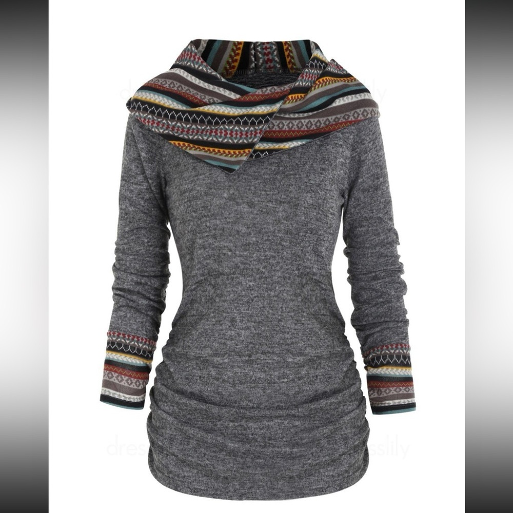 Twisted Cable Knit Plaid Print Hooded
Sweater Button Ruched Neck
Sweater. XL NWT